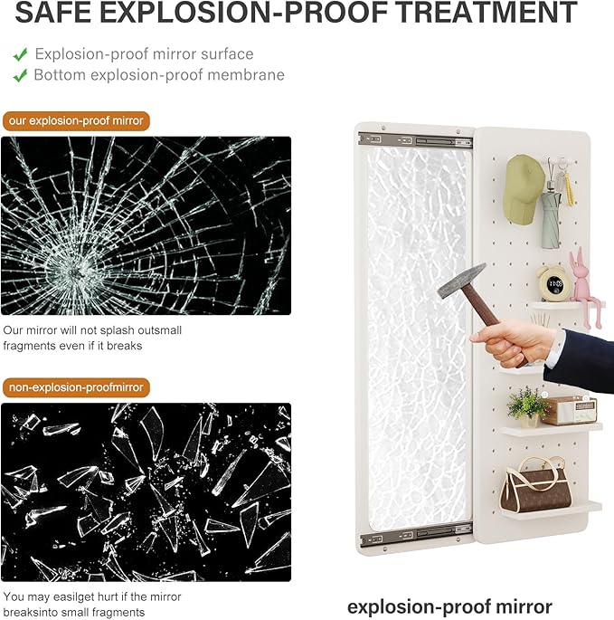 KungFuWood Full Length Mirror with Shelf and Hooks,Entry Way Mirrors for Wall,Wall Mirror with Shelf,Wall Mirror with Storage Multifunctional Design Panel,Living Room