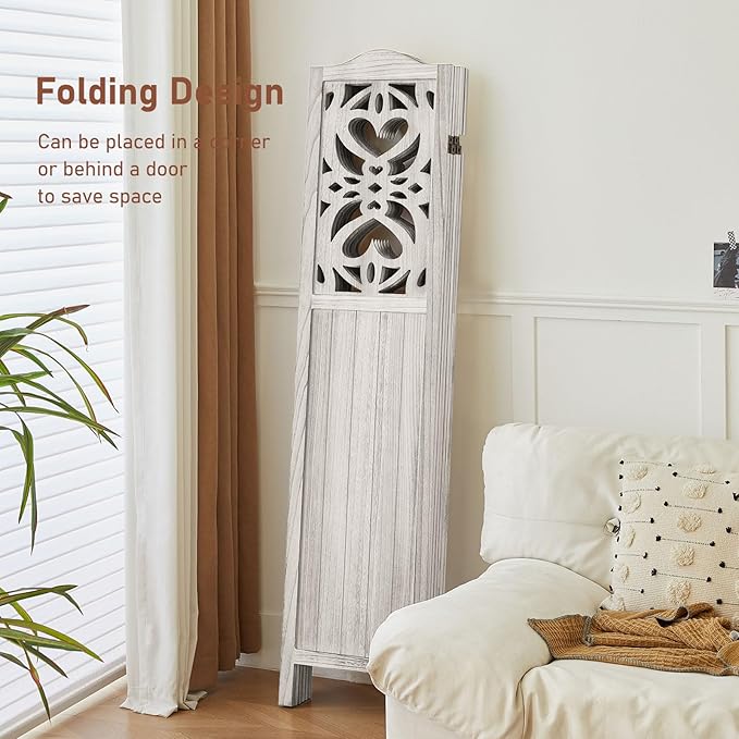 6 Panel Room Divider Fully Assembled, Carved Room Dividers and Folding Screens, 5.6Ft Wood Room Divider Screen Freestanding Partition Wall Dividers for Home Bedroom Office, Rustic White