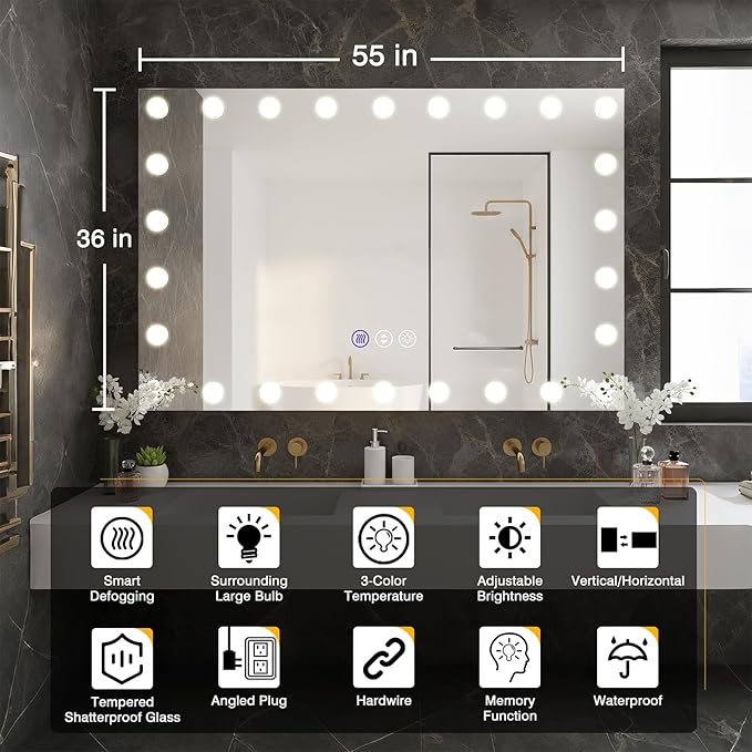 55x36 LED Bathroom Mirrors for Over Sink, Makeup Mirror with LED Bulbs, 3 Colors and Stepless Dimmable CRI90+, Anti-Fog Mirror, Shatter-Proof, Waterproof, Anti-Corrosion, Memory, Wall Mounted