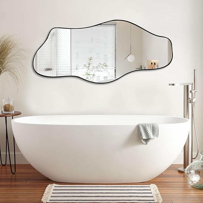 Large Irregular Wall Mirror, 47.2"x21", Black Asymmetrical Modern Oblong Wavy Cloud Mirror for Living Room, Bathroom, Entryway, Dining Room