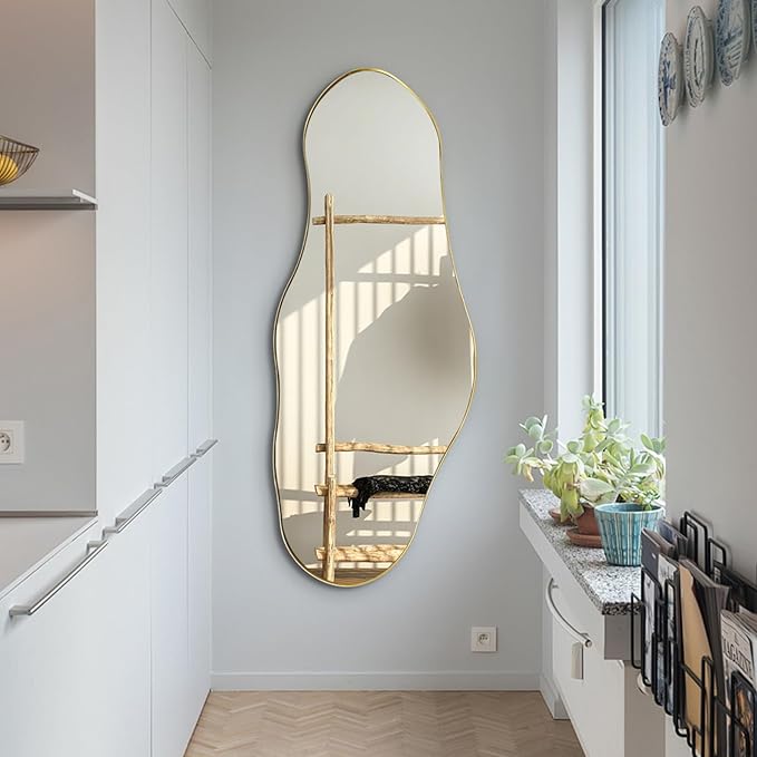 Large Asymmetrical Mirrors, Gold Irregular Shaped Mirror, 55"x22" Abstract Wall Mirror Decorative, Modern Funky Mirrors for Living Room Bathroom Bedroom Hallway Entryway Fireplace