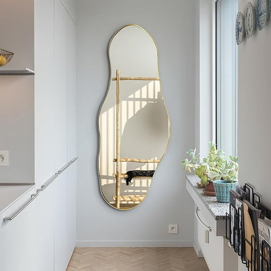 Large Asymmetrical Mirrors, Gold Irregular Shaped Mirror, 55"x22" Abstract Wall Mirror Decorative, Modern Funky Mirrors for Living Room Bathroom Bedroom Hallway Entryway Fireplace