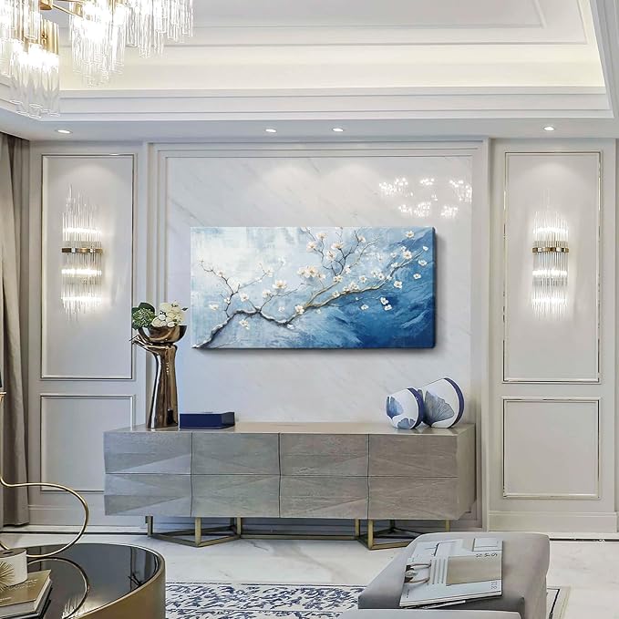 Nicetop Large Wall Art for Living Room– Blue and white Floral Canvas Art Print, Plum Blossom Flower Branch Picture Tree of Life Artwork for Modern Coastal Calming Bedroom Office Wall Decor, 48x24 Inch
