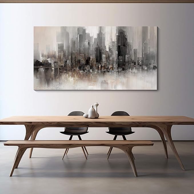 Cityscape Wall Art New York City Skyline Buildings Picture Modern Abstract Grey NYC Skyline Painting Framed Artwork for Bedroom Living Room Bathroom Home Office Decor29×58IN