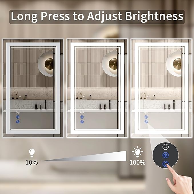 26"x38" Bathroom Mirror with Lights, Anti-Fog, Backlit + Front Lit, Dimmable, Led Vanity Mirror for Wall, Lighted Bathroom Mirror, 3 Colors, Shatter-Proof Tempered Glass