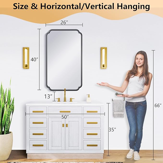 26"x40" Rustproof Bathroom Mirror Black, Round Corner Metal Frame Wall Mirror, Horizontal/Vertical Hanging Over Sink, Bedroom Bathroom Decor