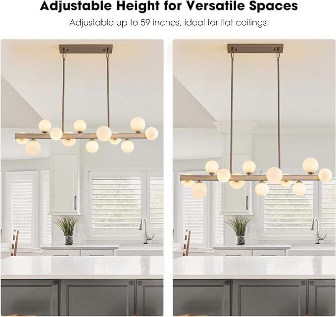 12 Lights Modern Gold Chandelier, L43.3 Linear Frosted Glass Globe Pendant Light, Mid Century Hanging Lighting Fixture for Kitchen Island, Dining Room, Living Room