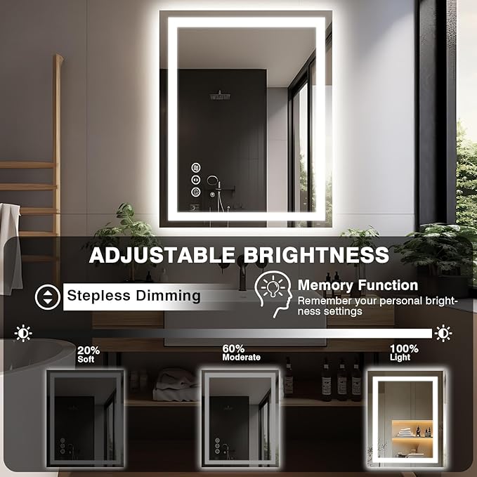 28"x36" LED Bathroom Mirror for Wall, Front and Backlit, Anti-Fog Vanity With Lights, Stepless Dimmable, 3 Colors Smart (Horizontal/Vertical)