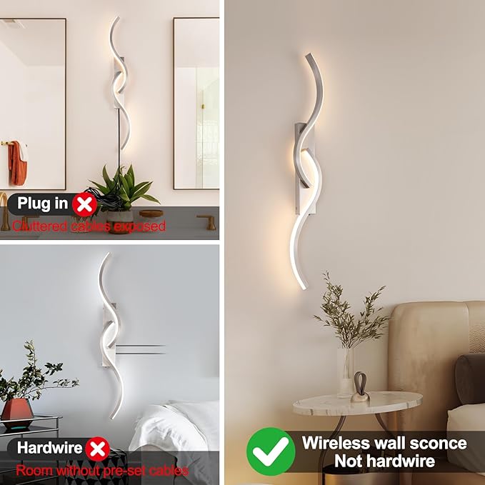 Modern Battery Operated Wall Sconces, Rechargeable Wall Sconces, 3000K-6500K LED Wireless Wall Light, Modern Wall Lamp not Hardwired for Living Room Bedroom Hallway (Nickel)