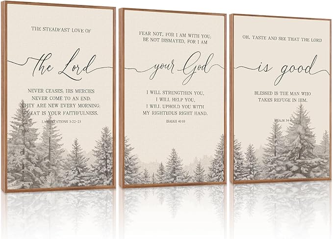 LHIUEM Bible Verses Framed Canvas Wall Art Set,Christian Scripture Religious Wall Decor,Vintage Easter Pine Tree Artwork for Living Room,Bedroom,Dining Room,Office -16"x24"x3
