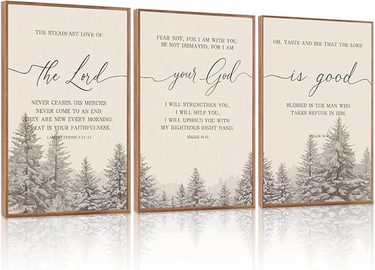 LHIUEM Bible Verses Framed Canvas Wall Art Set,Christian Scripture Religious Wall Decor,Vintage Easter Pine Tree Artwork for Living Room,Bedroom,Dining Room,Office -16"x24"x3