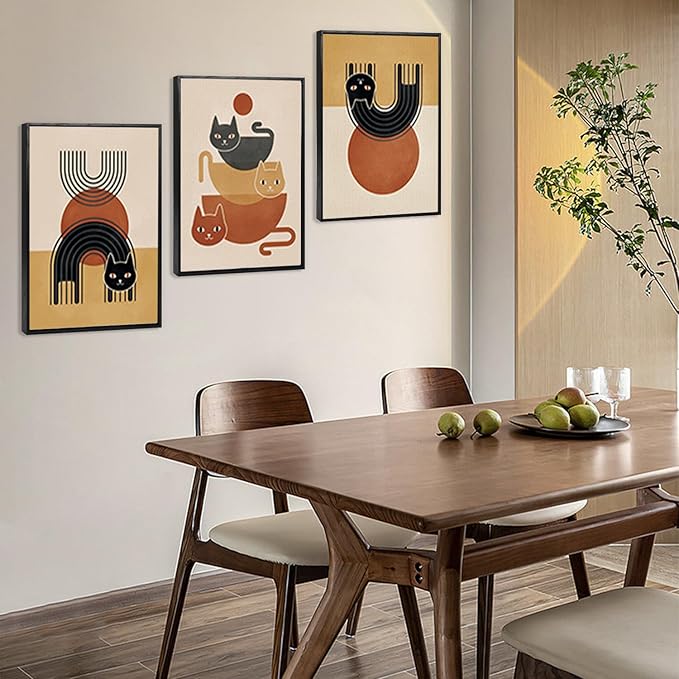 LHIUEM Boho Cats Wall Decor Black Cat Vintage Canvas Wall Art(12”X16”) Midcentury Modern Wall Decor MCM Cats Abstract Wall Art Gifts for Cat Lovers Framed Bohemian Art Prints for Living Room Bedroom