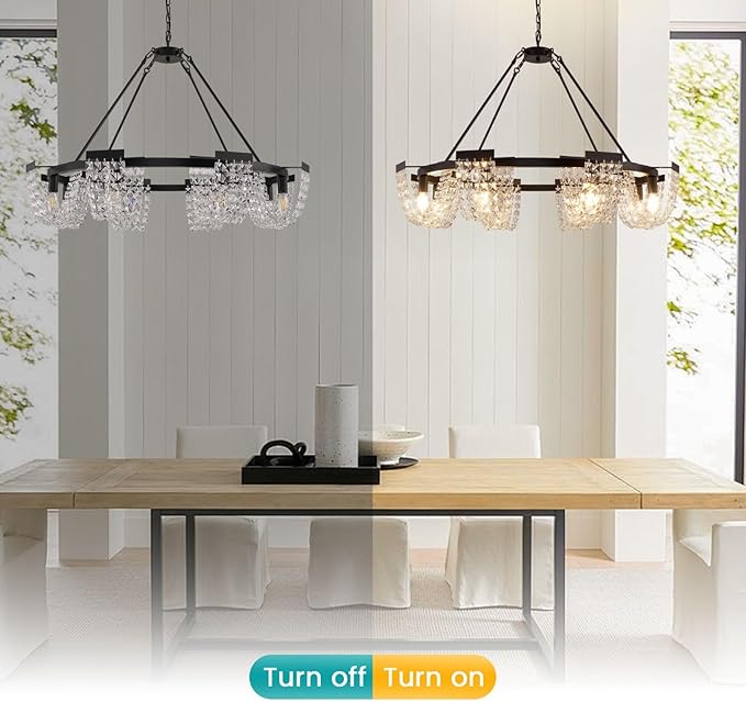 36" Black Chandelier, 6-Light Crystal Chandeliers for Dining Room, Dining Room Light Fixtures Over Table, Farmhouse Kitchen Island Lighting, Modern Pendant Lights for Living Room, Bedroom, Entryway