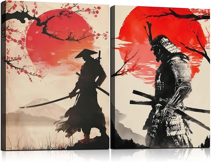 2Pcs Framed Japanese Warrior Canvas Wall Art Samurai Poster Prints Traditional Bushido Artwork Gallery Quality Wall Decor Living Room Bedroom Office Apartment 16X24 Inch Ready to Hang