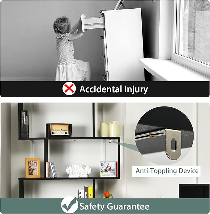 6 Tier Geometric Bookcase, S Shaped Bookshelf, Book Shelf Room Divider, Wood Freestanding Display Shelves, 75 Inch Staggered Bookshelf for Bedroom Living Room (1, Black)