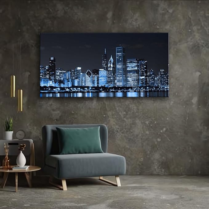NAN Wind Chicago City Center Skyline Canvas Prints Modern Office Decor Chicago Skyline Canvas Art Cityscape Wall Decorations Blue Wall Decor for Living Room Pictures for Bedroom Decorations