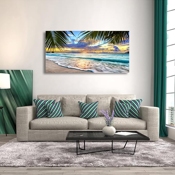 Beach Canvas Wall Art Seascape Theme Pictures Home Decor Blue Ocean White Wave Palm Tree Prints Paintings for Living Room Bathroom Bedroom Kitchen Office Decoration Natural Scenery Artwork 20x40inches