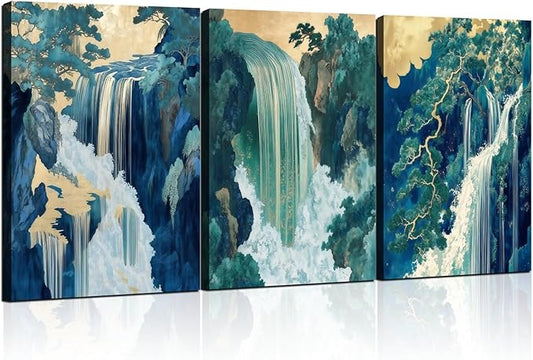 Framed Japanese Waterfall Canvas Wall Art Japanese Style Triptych Painting Nature Scenery Poster Print Oriental Gallery Style Decorative Painting Living Room Bedroom 16×24 Inch Ready to Hang