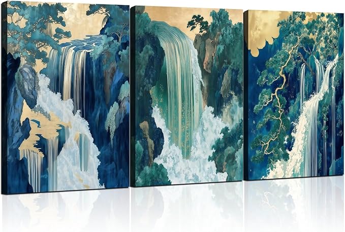 Framed Japanese Waterfall Canvas Wall Art Japanese Style Triptych Painting Nature Scenery Poster Print Oriental Gallery Style Decorative Painting Living Room Bedroom 12×16 Inch Ready to Hang