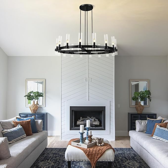 Modern 48" Black Wagon Wheel Chandelier, Black Farmhouse Chandeliers for Dining Room,16-Light Round Living Room Chandelier with Glass Tube for Bedroom,Staircase, Foyer, Entryway, Includes Bulbs