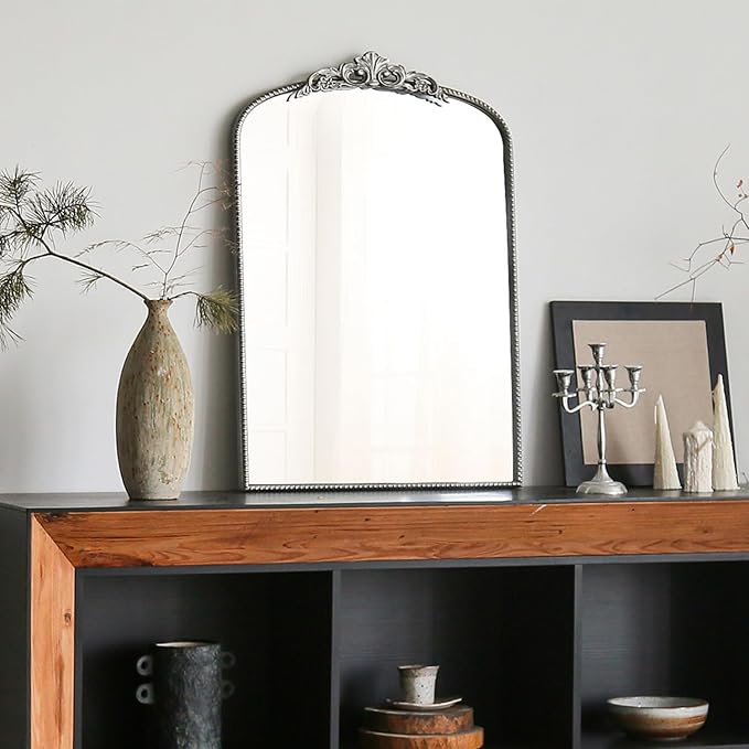 Micasso Vintage Traditional Silver Mirror: French Baroque Antique Mirror - Ornate Decorative Arched Mirrors for Wall/Bathroom/Entryway/Fireplace/Hallway - Home Decor for Living Room