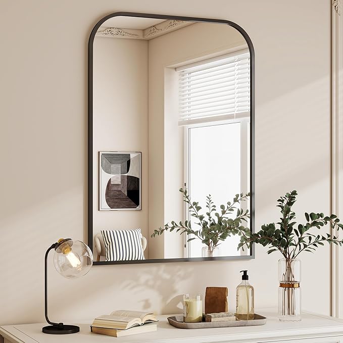 Black Wall Mounted Bathroom Mirror - 36 x 24 Inch Round Cruved Top Right Angle Bottom Wall Mirror, Aluminum Metal Framed, Decor for Living Room, Bedroom, Fireplace, Mantle, Entryway