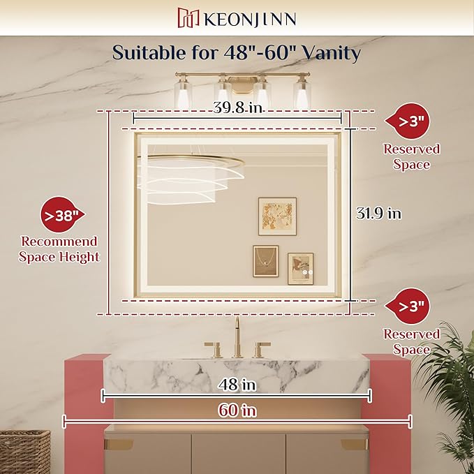 Keonjinn 40 x 32 Inch LED Mirror with Frontlit & Backlit, Black Bathroom LED Mirror, HD Tempered Glass, UL Listed LED Driver, Aluminium Alloy Beveled Frame, 3000K/4500K/6000K, Safe Defogging, Dimmable