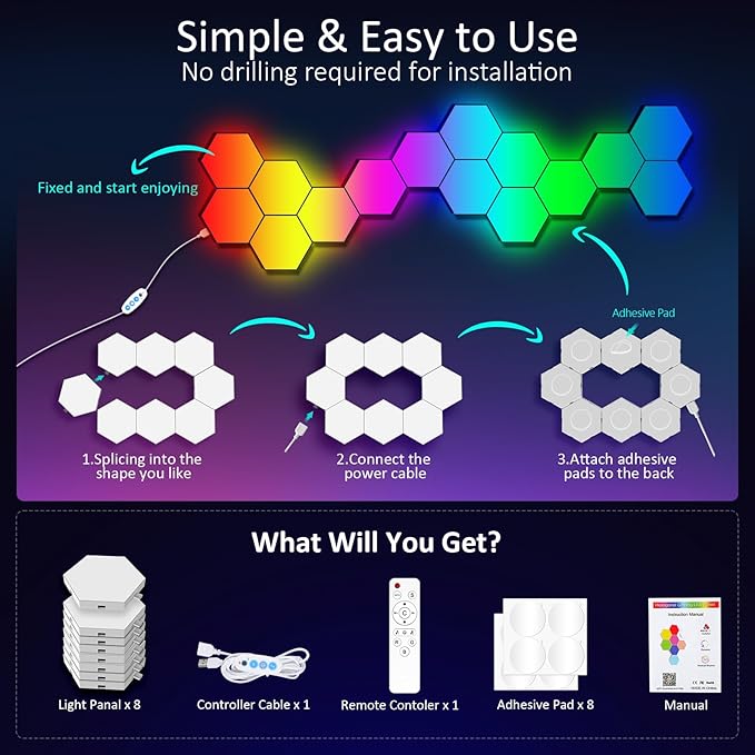 Big Hexagon LED Light - 8 Pack Smart RGB Hexagon LED Panels Wall Lights with APP & Remote Control Cool Music Sync Gaming Lights for Living Room, Bedroom, Gaming Room, Kids, Adults