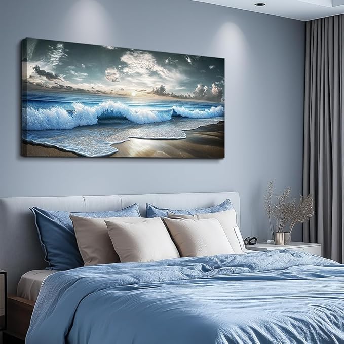 MHARTK66 Blue Ocean Canvas Wall Art Large Paintings For Living Room Landscape Nature Artwork For Walls Wall Decor For Bedroom Beach Pictures Office Waves Poster Modern Home Decorations 30x60