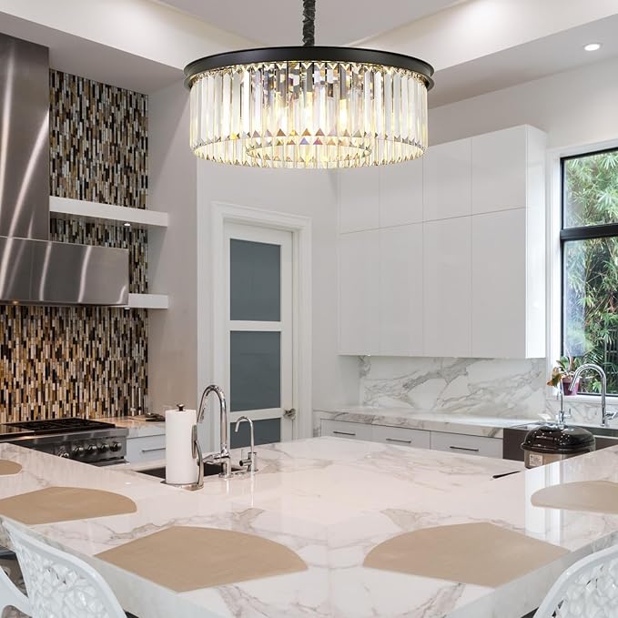 Modern Black Crystal Chandelier,2-Tier Round Pendant Ceiling Fixture with Height Adjustable Luxury Hanging Chandelier for Dining Room,Living Room,Entryway,Bedroom,Kitchen,and Foyer (Black Crystal-2)