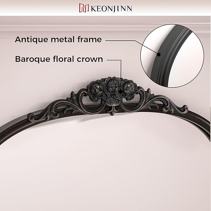 Keonjinn Antique Arch Mirror 20" x 30", Black Ornate Vintage Mirror, Baroque Decorative Mirrors for Mantle, Bathroom, Living Room, Hallway, Fireplace, Flench Cleat Mounting