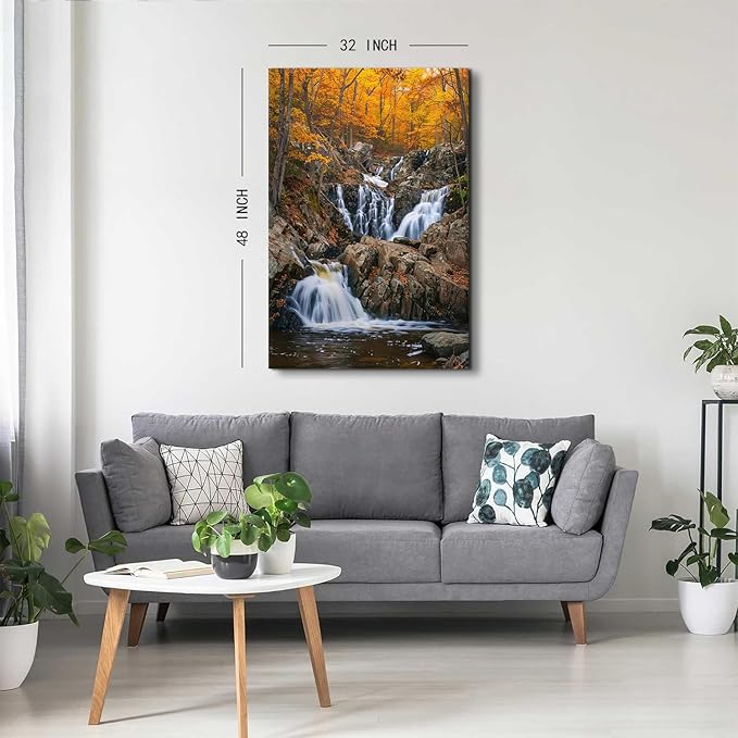 Autumn Orange Forest Wall Art Nature Waterfall Wall Decor Forest River Landscape Picture National Park Posters Rustic Trees Canvas Painting Artwork for Bathroom Living Room Home Decoration 32x48"