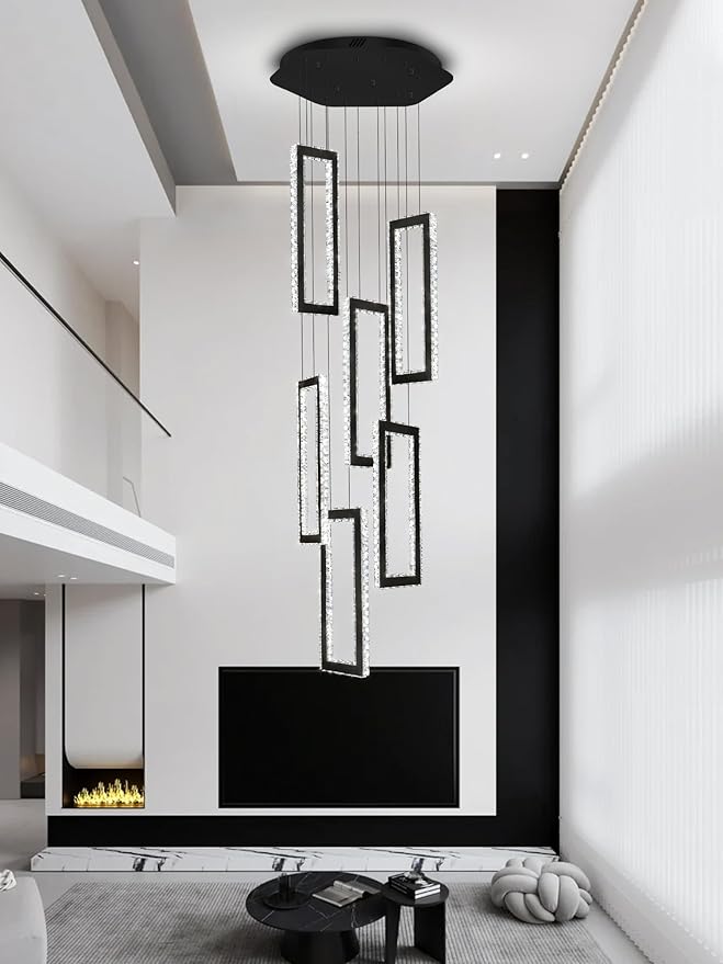 Modern Chandelier 6 Rings Black Chandeliers Lighting Fixture High Ceiling Chandelier Suitable for Living Room Staircase Villa