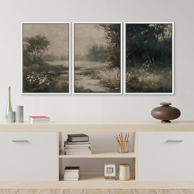 MUDECOR Framed Wall Art Print Set Vintage Landscape Subtle Forest and River in Earthy Tones Illustrations Modern Art Boho Decorative Colorful Chic for Living Room, Bedroom, Office - 16"x24"x3 White