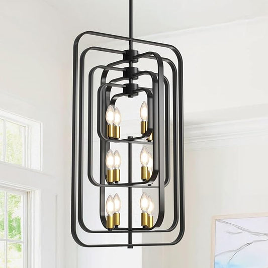 Black and Gold Chandelier, 12-Light Farmhouse Chandelier for Entryway, Modern Foyer Lighting Fixtures, Foyer Chandeliers for High Ceilings, Hanging Pendant Lights for Living Room, Staircase, Entry