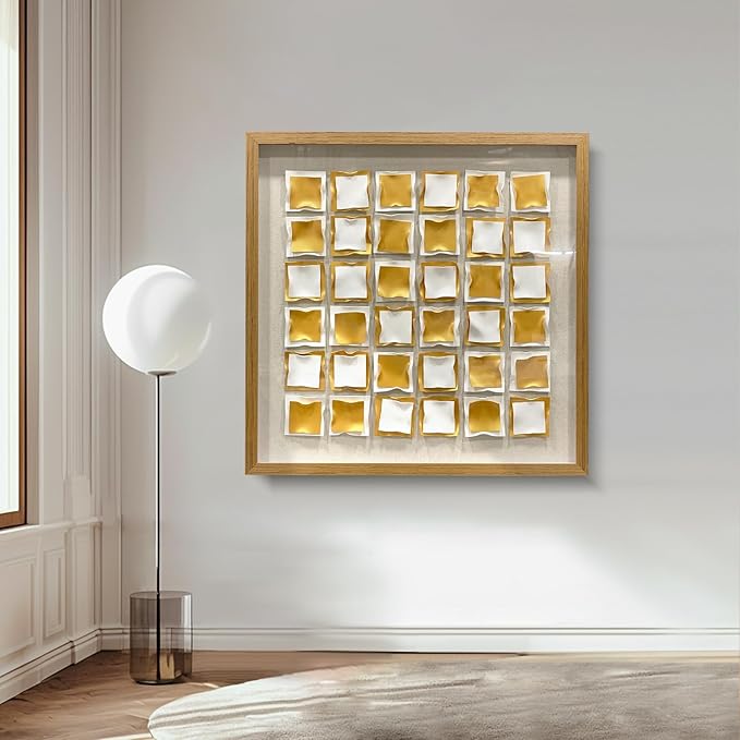 BrightA Gold and White Geometric Wall Sculpture Reflective 3D Textured Panels Brushed Metal Texture with Wave Modern Framed Abstract Art for Bedroom Office Decor 31.5"x31.5"