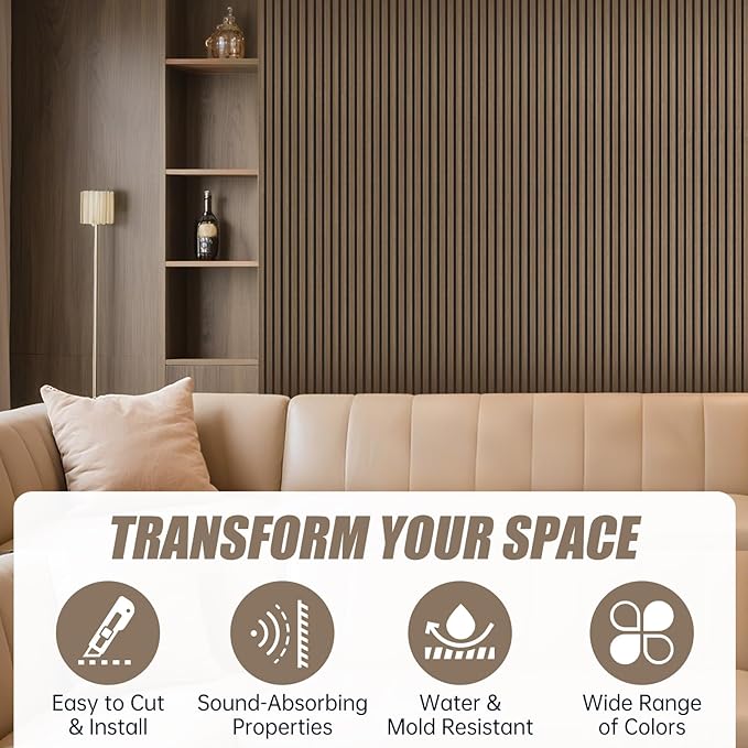 4 Pack 94.5" × 11" Wood Panels for Wall, Acoustic Soundproof Wall Slat Panels, 3D Wall Panels for Home Office Decoration, Natural Walnut