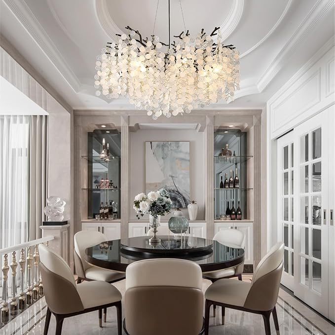 32 Inch Coastal Light Fixture, 10-Light Capiz Shell Chandelier, Modern Black Bedroom Chandeliers, Dining Room Foyer Lighting Fixtures, Boho Chandelier for Living Room Entryway