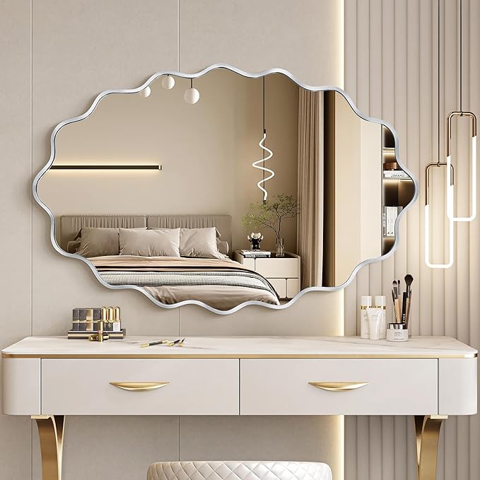 Oval Wavy Mirror - Irregular Wall Mirror 24"x36" Black Asymmetrical Aviation Aluminum Alloy Frame for Bathroom, Bedroom, Living Room, Cloakroom, Entryway