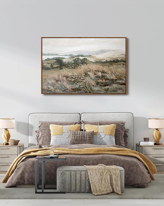 KISSFOX Vintage Landscape Canvas Wall Art Neutral Farmhouse Hills Lake Framed Wall Art Serene Countryside Paintings Artwork Rustic Art Prints For Bedroom Living Room