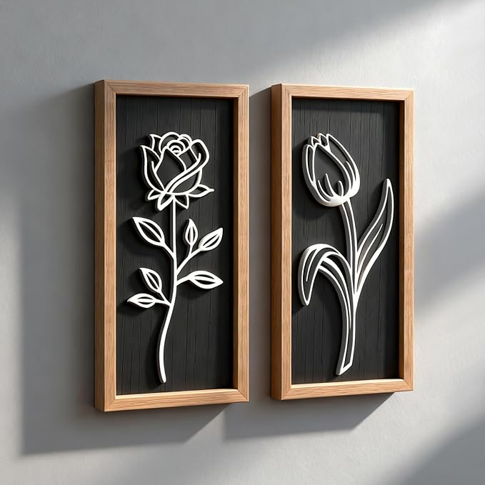 3D Wooden Black and White Floral Framed Wall Decor of 2, 7"X16" Farmhouse Vintage Boho Minimalist Flower Wall Art for Living Room, Rustic Retro Moody Vertical Tulip Rose Botanical Wall Sculptures