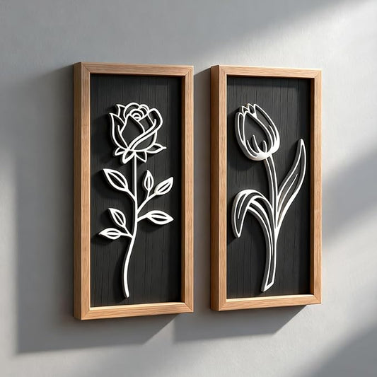 3D Wooden Black and White Floral Framed Wall Decor of 2, 7"X16" Farmhouse Vintage Boho Minimalist Flower Wall Art for Living Room, Rustic Retro Moody Vertical Tulip Rose Botanical Wall Sculptures