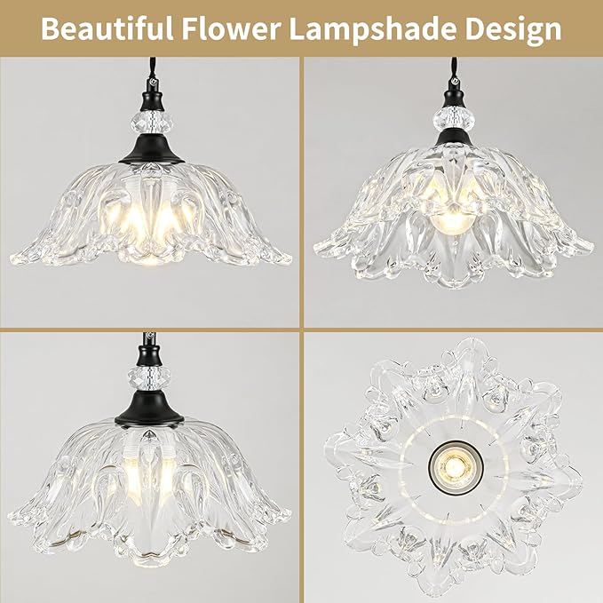 1 Piece Black Chandelier Light Fixtures with Glass Shade, Black Farmhouse Pendant Light,Hanging Light for Kitchen Island Room,Hallway,Living Room,Bedroom