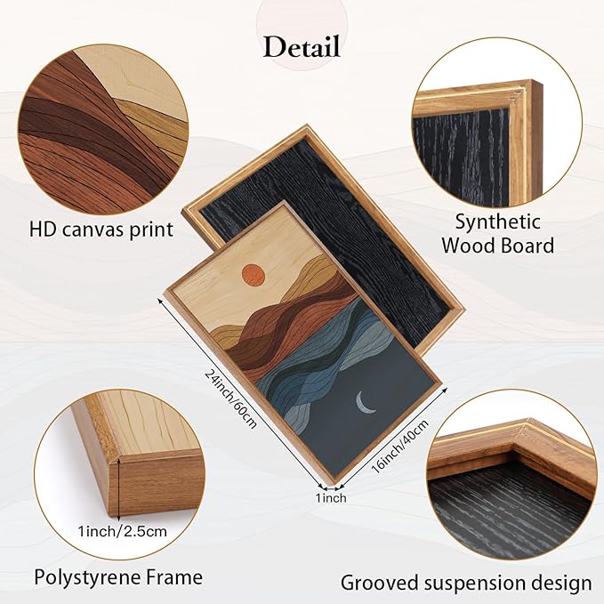 CHDITB Sunrise Moon Landscape Framed Canvas Wall Art, Nature Mountain Sea Wall Decor, Minimalist Artwork Abstract Waves Line Painting, Vintage Prints for Living Room Beach House Office-16 x24 x3