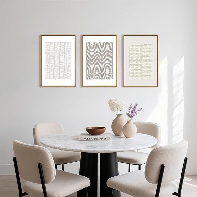 Large Abstract White and Beige Framed Canvas Wall Art,Geometric Dot and Line Wall Decor,Modern Wave Lines Artwork,Neutral Minimalist Shapes Art Print for Living Room,Bedroom,Office- 16"x24"x3