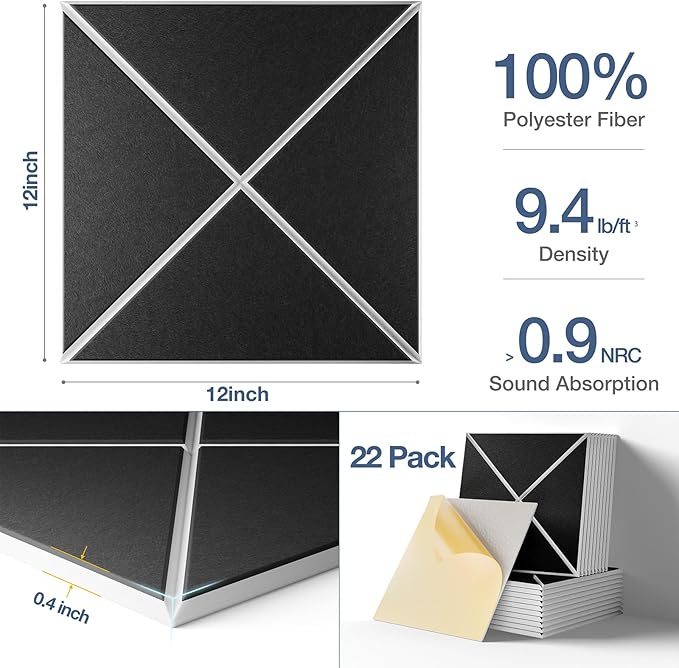 22 Pack X-Line Design Acoustic Panels, 12" X 12" X 0.4" Self-Adhesive Sound Proof Foam Panels for Walls, Soundproof Wall Panels for Home & Office (Black on White)