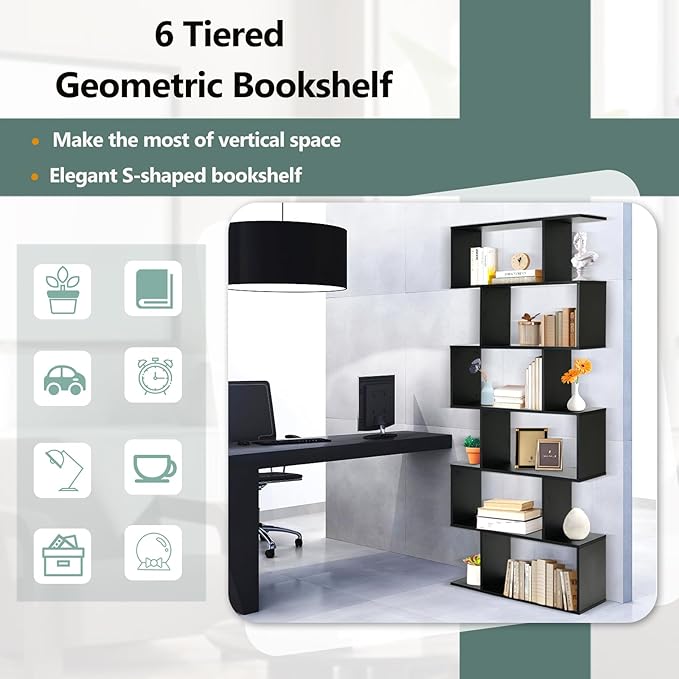 6 Tier Geometric Bookcase, S Shaped Bookshelf, Book Shelf Room Divider, Wood Freestanding Display Shelves, 75 Inch Staggered Bookshelf for Bedroom Living Room (1, Black)
