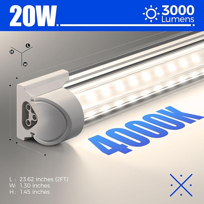 Barrina 2FT LED Shop Light, 4000K 20W 3000LM, Clear Cover Linkable LED Tube Lights, V Shape Integrated T8 LED Lighting, LED Ceiling Lights for Garage, Warehouse, Workshop, ETL Listed, 2 Packs