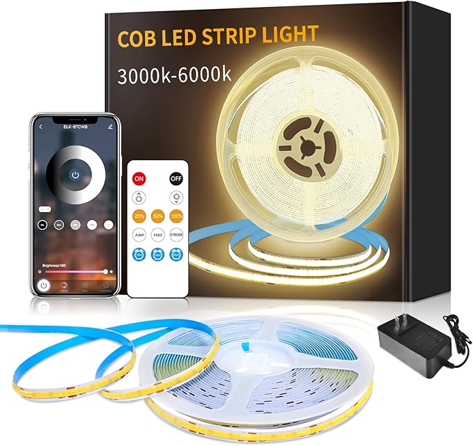 32.8ft COB LED Strip Lights Warm White Dimmable DC 24V 3000K Flexible LED Tape Light for Bedroom, with Remote and app Control LED Tape Lights,for DIY Home Decoration