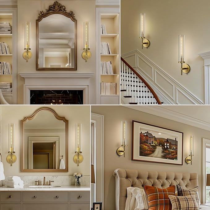 Brass Wall Sconces Set of Two, 19.48" Modern Wall Lighting with Clear Glass Tube, Bathroom Vanity Lights, Bronze Sconces Wall Lights for Bedroom, Living Room, Hallway, Staircase (Including Bulb)